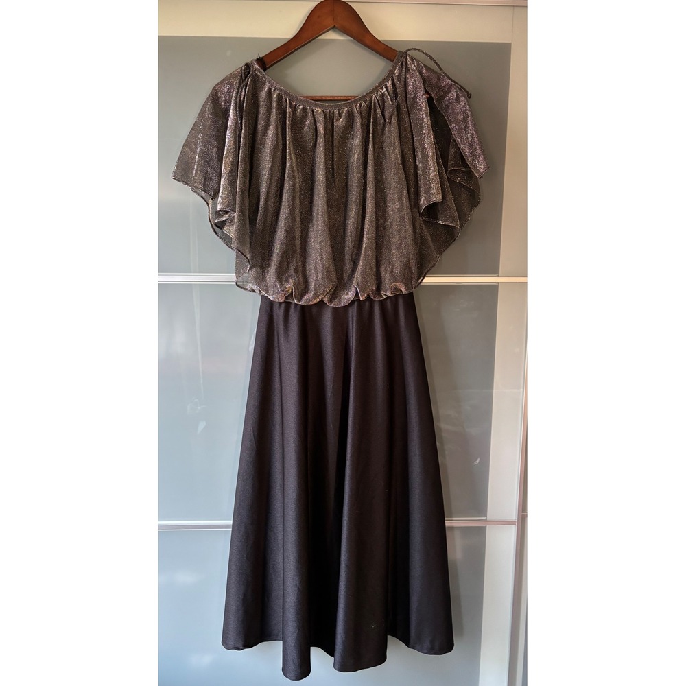 Vintage‎ Black Dress Silver Metallic Overlay Flutter Sleeve Party Cocktail Small